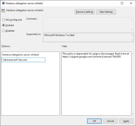 The Kerberos Delegation Server Whitelist Setting dialog box with Enabled selected, and the names of all servers on the white list added.