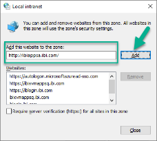 The local intranet dialog box that contains advanced settings with a website name selected for addition to the list of websites included in the local intranet zone.