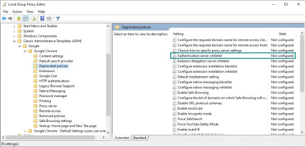 The Local Group Policy Editor list of deprecated privileges showing the authentication server whitelist setting.