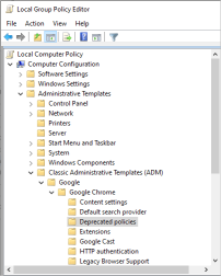 The Local Group Policy Editor Navigation tree showing the new Classic Administration Templates (ADM) folder with the Google Chrome Deprecated policies folder.