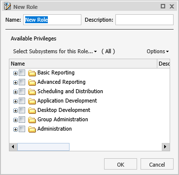 New Role dialog box with privilege categories collapsed