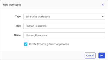 The New Domain dialog box from the WebFOCUS Home Page showing a two word value with an underscore between the two words in the Title field and no underscore in the Name field.