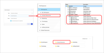 A diagram showing the New Domain dialog box with the results in the Resources tree and content area, and the new group in the Security Center Groups list.