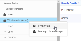 The Access Control folders with the PTH Internal active folder shortcut menu and the Properties command.