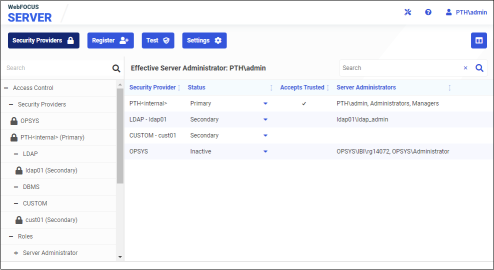 The Security Providers tab with Multiple providers selected and PTH<Internal> identified as the primary provider.