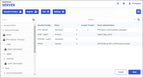 The security providers page with LDAP selected as the new primary provider and the save and cancel buttons visible.