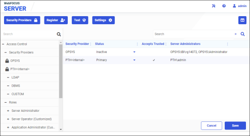 The security providers page with the save button.