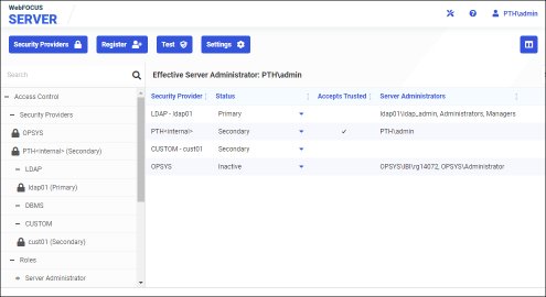 The revised security providers tab with LDAP as the primary security provider and the PTH Internal provider identified as a secondary provider.