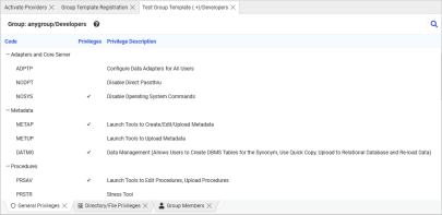 The Test Results General Privileges tab with expected privileges displayed.