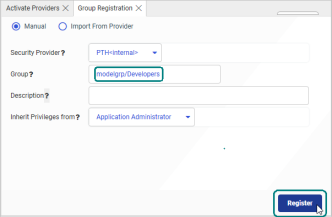 Group Registration tab showing the modelgrp group configured for registration.