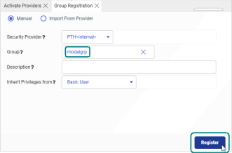 Group Registration tab showing the modelgrp group configured for registration.