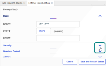 The Listener Configuration page with the Security tab expanded and the Restrict to IP field visible.