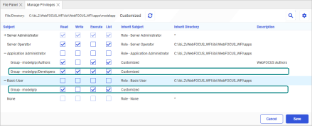 The Managed Privileges page with privilege check boxes for the Application Administrator and Basic User selected.