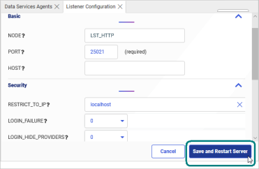The Listener Configuration page with the name localhost assigned to the HOST field.