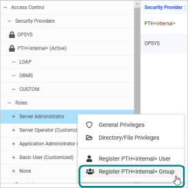 The Server Administrator role shortcut menu with the Register Group command highlighted.