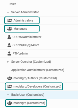 The Server Administrator Role with the Administrators, Managers, OPSYS\IBI and PTH\srvadmin groups assigned to it. The Application Administrator rule with the model group developers group assigned to it, and the basic user group with the model group assigned to it.