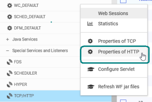 The TCP/HTTP node shortcut menu, with Properties of TCP highlighted.