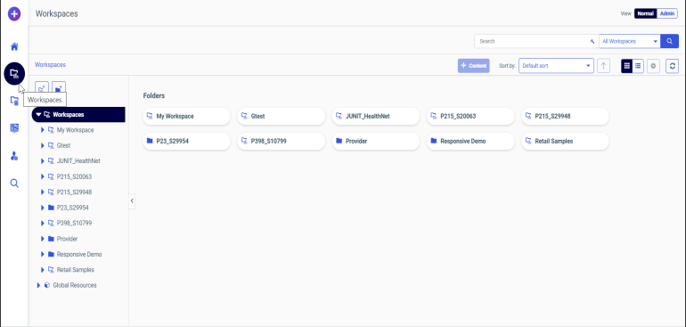 The Workspaces Area that opens from the Navigation Bar.