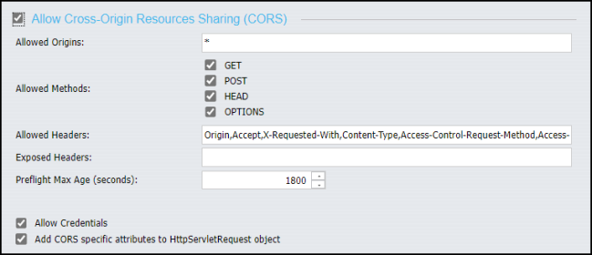 The Allow Cross-Origin Resource Sharing (CORS) section of the Cross-Origin Settings dialog box with CORS settings activated and no URLS assigned..