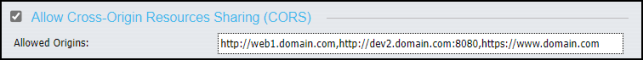 The Allow Cross Origin Resource Sharing (CORS) check-box in the Cross-Origin Settings dialog box with a whitelist of URLs in the Allowed Origins field.