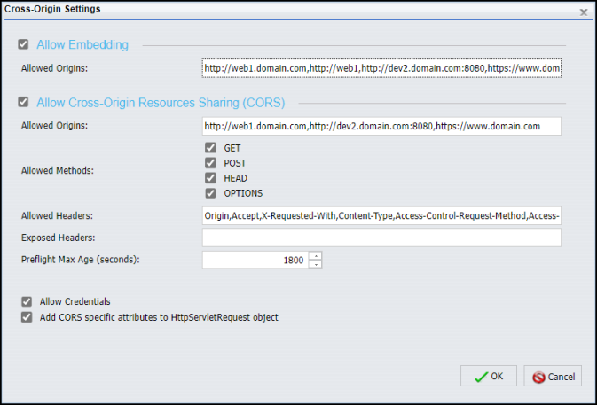 The Cross-Origin Settings dialog box with the default settings for all fields and check boxes.