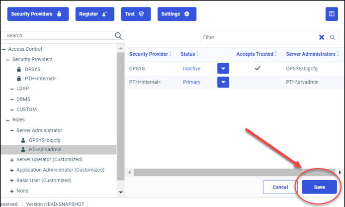 The Security Providers tab displaying the Save button and Cancel button.