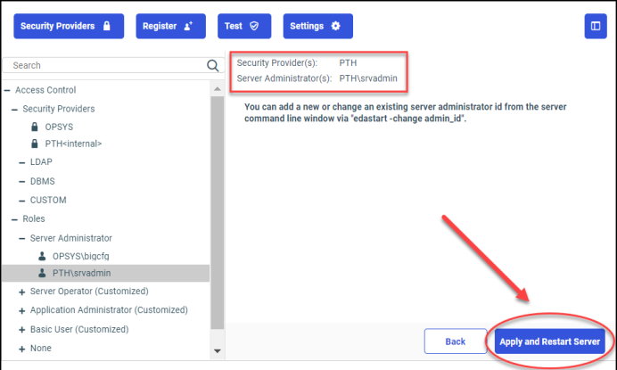 The confirmation page for the new primary security provider including an identification of the Security Administrator.