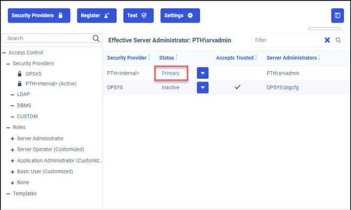 The Security providers tab showing PTH<Internal> as the new primary provider and OPSYS as an inactive provider.