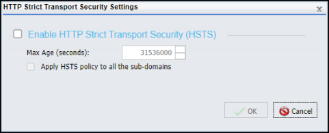 The HTTP Strict Transport Security Settings dialog box, with the Enable HTTP Strict Transport Security (HSTS) check box cleared and unenabled.