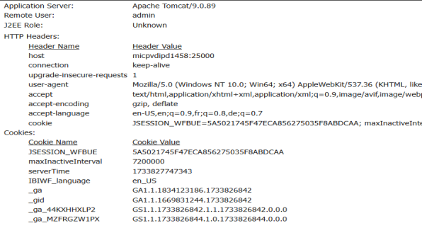 The Http Request Info page displaying the current values assigned to fields in the HTTP Header.