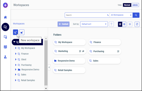 The Hub Workspaces area Action Bar with the New Workspaces Button selected.