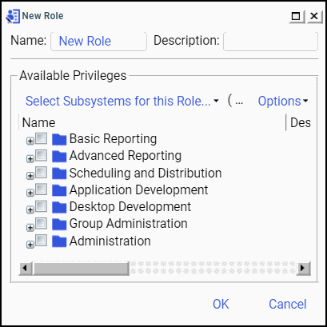 New Role dialog box with privilege categories collapsed