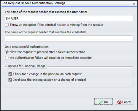 The Edit Request Header Authentication dialog box.