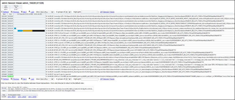 The session details page highlighting the time line between two selected trace entries.