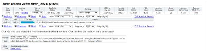 The Session Viewer page opened from the Session Monitor page View Trace icon link.