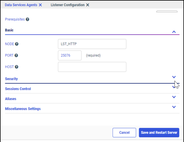 The Listener Configuration page with the Security tab expanded and the Restrict to IP field visible.
