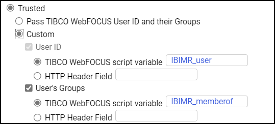 The Custom Option on the Client Configuration page, and the configuration of checkboxes and settings beneath it. This option includes the USER ID checkbox with the default WebFOCUS script variable assignment, IBIMR_user, and the User’s Groups checkbox, with the default WebFOCUS script variable assignment, IBIMR_memberof.