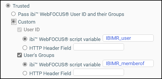 The Custom Option on the Client Configuration page, and the configuration of checkboxes and settings beneath it. This option includes the USER ID checkbox with the default WebFOCUS script variable assignment, IBIMR_user, and the User’s Groups checkbox, with the default WebFOCUS script variable assignment, IBIMR_memberof.