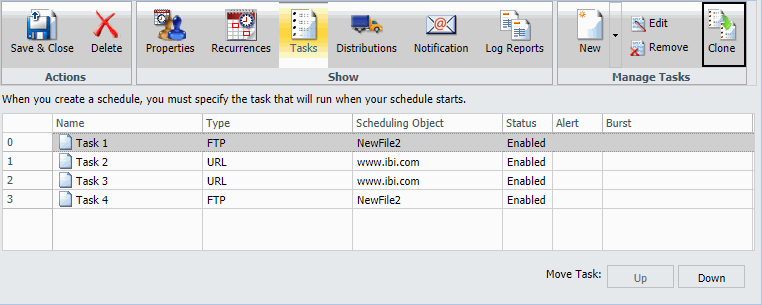 The Tasks tab in the Advanced Scheduling Tool. The Clone tab is highlighted.
