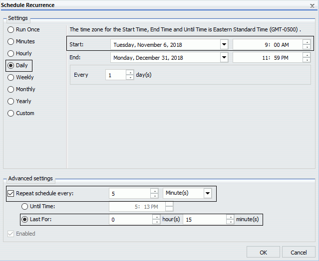 Recurrence settings for an alert schedule