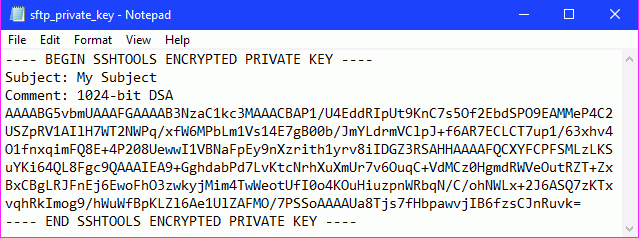 A text file displaying the SFTP private key text