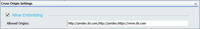The Allow Embedding check-box in the Cross-Origin Settings dialog box. with a whitelist of URLs in the Allowed Origins field.
