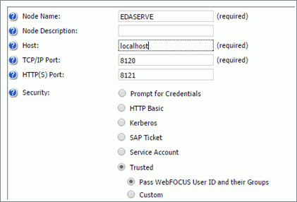 The Client Configuration page with localhost in the Host field and Trusted Pass WebFOCUS User ID and their Groups option selected.