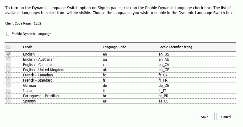 The Enable Dynamic Language check box and table of Locales