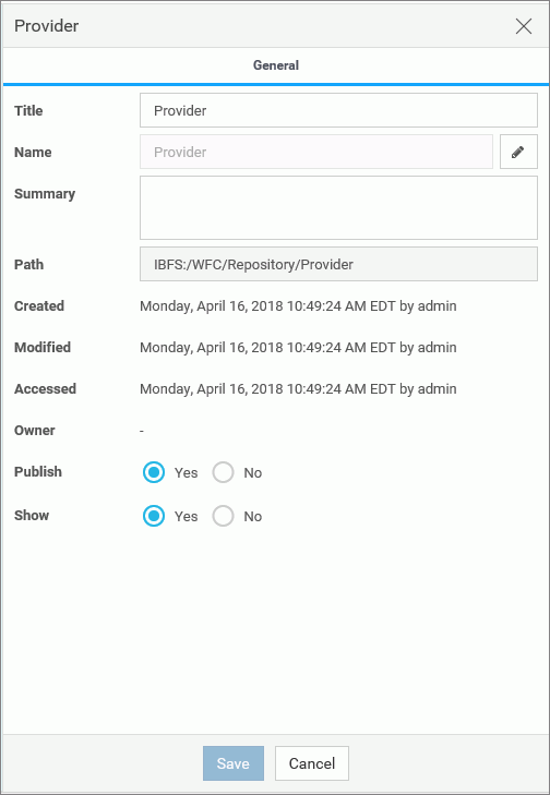 The General tab on the Properties Panel that displays the I. B. F. S. path field and I.B.F.S location of the item.