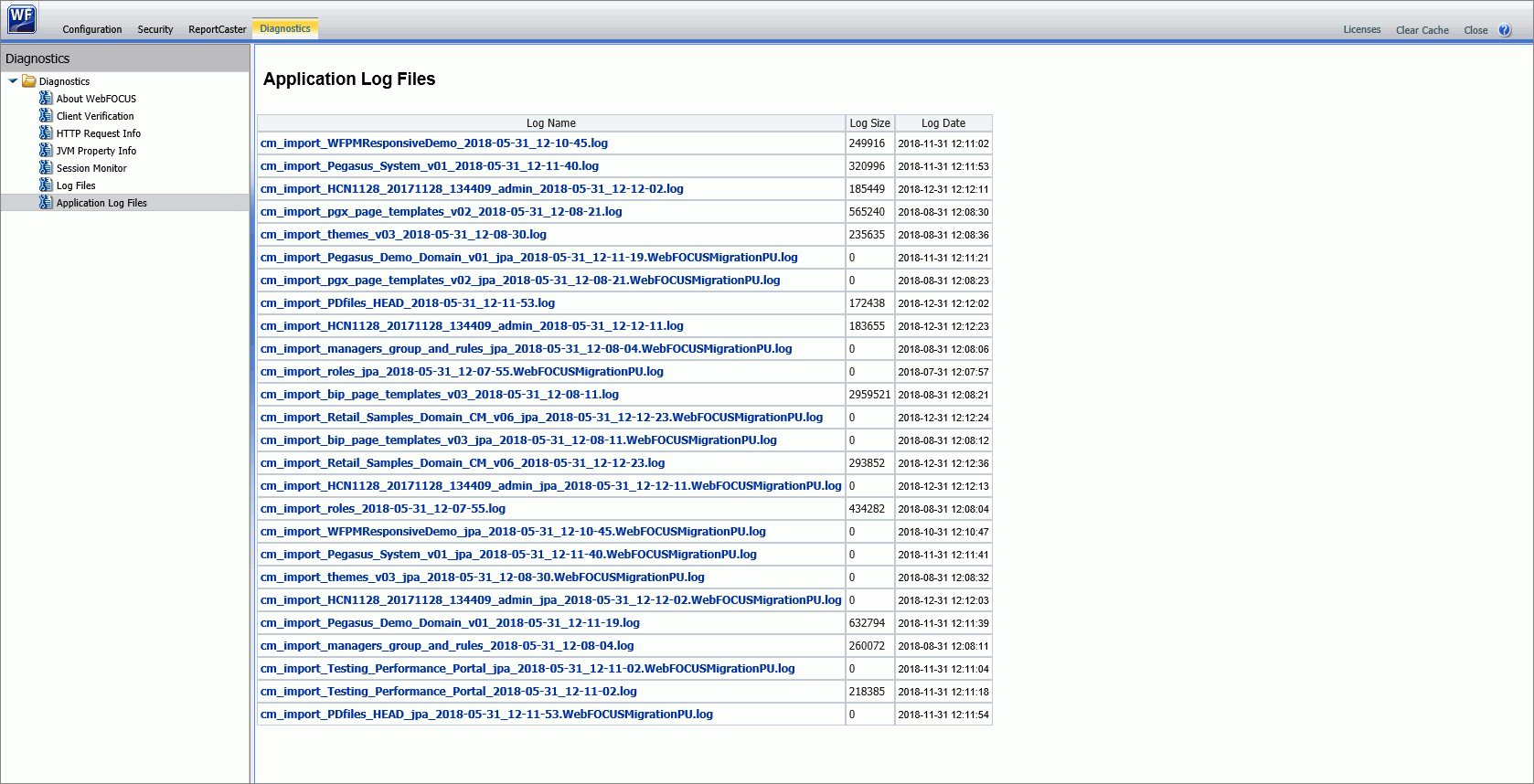 The Application Log Files page.