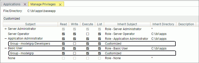 The Managed Privileges page for the baseapp application with the Application Administrator and Basic User privileges shown.
