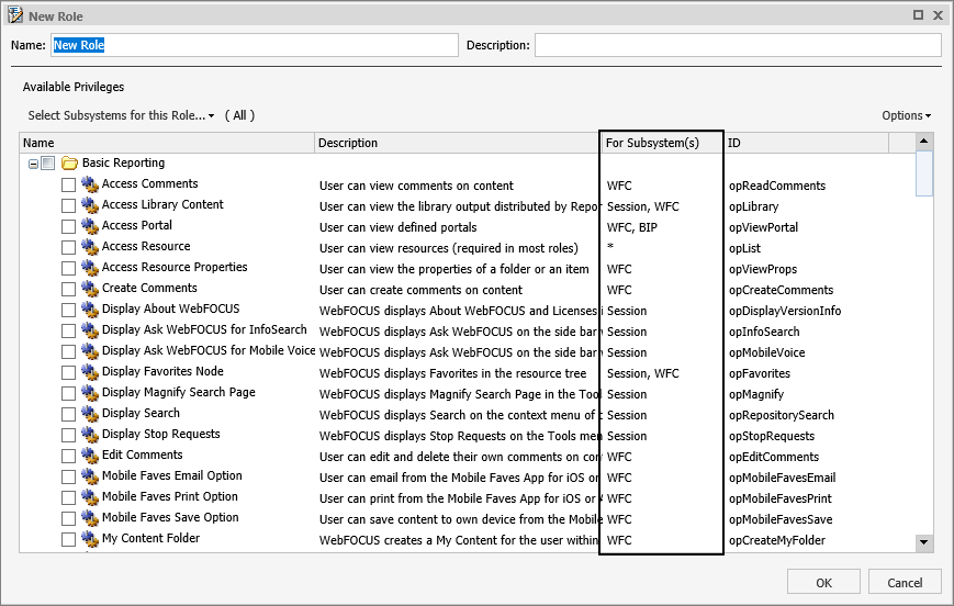 New Role dialog box highlighting the For Subsystems column.