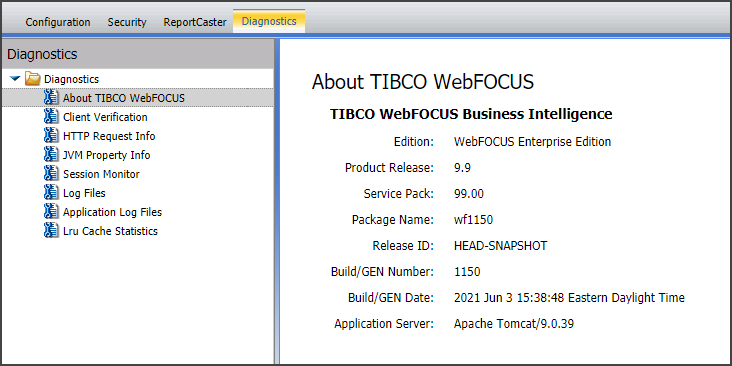 The About WebFOCUS page displaying information about the current release.