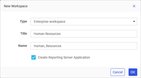The New Workspace dialog box with a new domain title.
